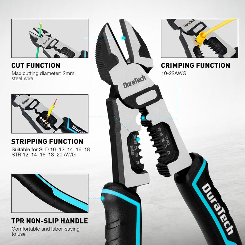 DURATECH 4-in-1 Diagonal Cutting Pliers, 8" Multifunction Heavy Duty Side-Cutting Pliers with Wire Stripper, Wire Cutters with Ergonomic Handle for Electricians and Homes - Image 2